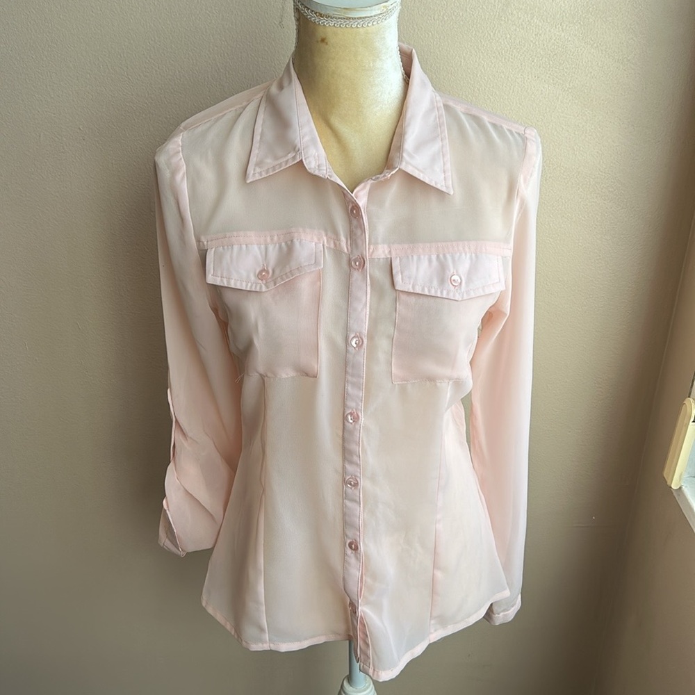 New Women’s Pink Blouse Shirt Sz M Rolled Cuff Sleeves ST3235